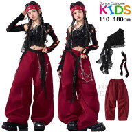 レッド ブラック カーゴパンツ キッズ ダンス 衣装 ガールズ 女の子 ヒップホップ 子供服 チアガール ジ…