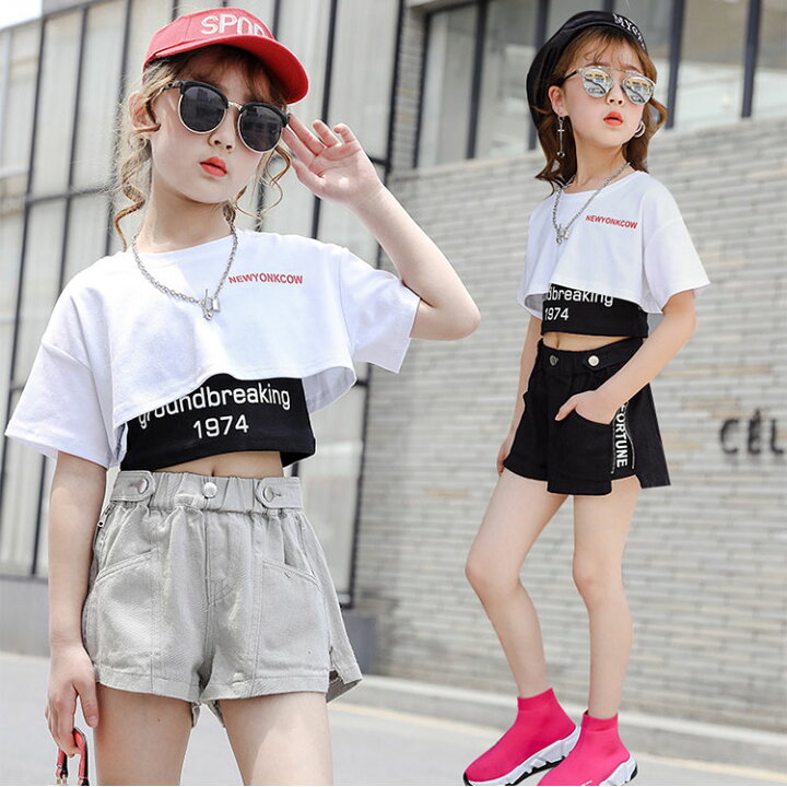 子供服 女の子 迷彩Tシャツ タンクトップ フード へそ出し ショートパンツ コスチューム バンド ダンス ヒップホップ ストリート系 パフォーマンス 衣装 クール かっこいい キッズ