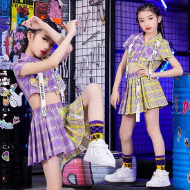 ダンス 衣装 キッズ ガールズ 女の子 セットアップ チェック スカート ヒップホップ 韓国 子供服 チェック柄 演奏会 応援団 韓国