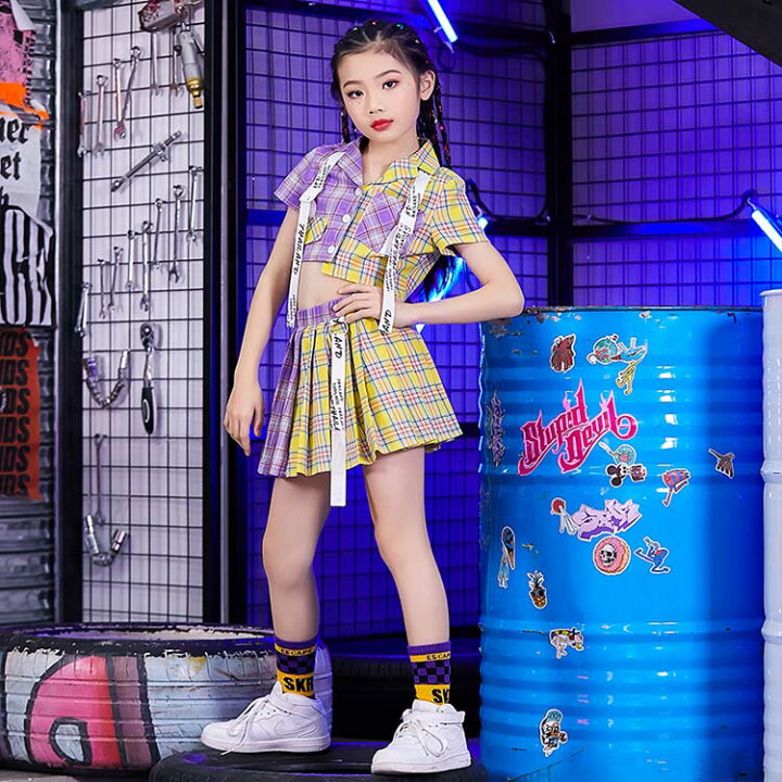 ダンス 衣装 キッズ ガールズ 女の子 セットアップ チェック スカート ヒップホップ 韓国 子供服 チェック柄 演奏会 応援団 お1人様1点限り