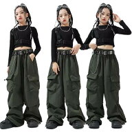 キッズダンス衣装 ガールズ へそ出し 長袖 シャツ ロングパンツ カーゴパンツ 女の子 かっこいい ヒップ…