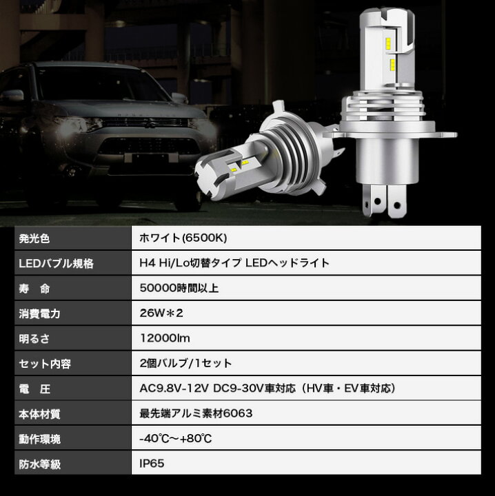 楽天市場 H4 Hi Lo 車用 Led ヘッドライト 最新モデル Ledヘッドライト 新基準 車検対応 高輝度 H4led バルブ 100lm Ledバルブ 6000lm 2 6500k 12v 車 バイク用 純正ハロゲンサイズ ハイブリッド車 Ev車対応 定電流回路搭載 長寿命 高速回転 放熱性抜群 2年