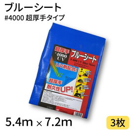 【ポイント10倍＆クーポン配布】ブルーシート #4000 5.4×7.2 3枚 4000番 超厚手 UV剤配合 ハトメ UVシート 工事 土木 建築 防水 埃除け 雨除け 日よけ 花見 防災 台風 養生 レジャー アウトドア 運動会 行楽 花見 海水浴 キャンプ テント