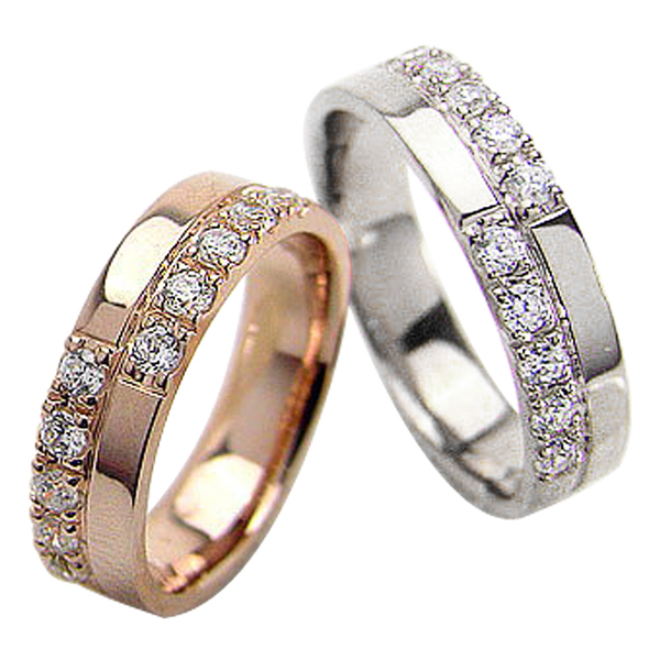 結婚指輪 ゴールド クロス ダイヤモンド 幅広 ペアリング ピンク