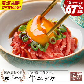 ＼ポイント10倍・12パックなら最大67%お得♪／【パック数と牛種選べる】国産牛 ユッケ 40g×4〜 (タレ付) 国産 黒毛和牛 上村牛 肉 牛肉 生肉 生食 冷凍 たれ 牛刺し 刺身 刺し 翌日配送 小分け 送料無料 ギフト 贈答用 お取り寄せ グルメ｜カミチク ファーマーズマーケット
