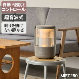 お手入れ簡単　プールレス加湿器　MIST250（ウォームグレー）小型で洗いやすい　容量2L 約7畳対応 アロマオイル対応　超音波加湿振動方式 超音波式 静音 寝室 おしゃれで卓上やインテリア、乾燥対策やウィルス対策や除菌にオススメ