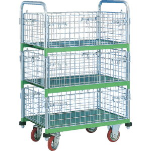 【別途送料あり】神戸車輛製作所(KANBE) 金網台車 メッシュパックロール 標準3段タイプ 四方囲い棚板付 400kg 【品番:665A】