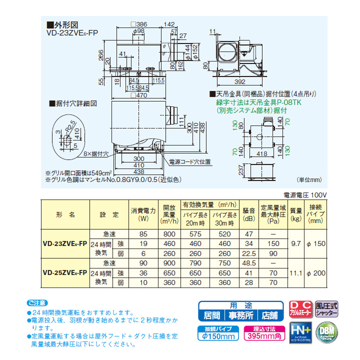 楽天市場】【VD-23ZVE6-FP】三菱 ダクト用換気扇 天井埋込形 24時間