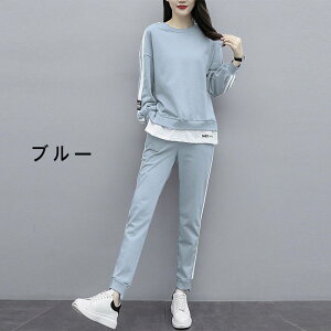 スウェット 上下 レディース ジャージ 上下セット 重ね風 ジャージ セットアップ 女の子 おしゃれ 着痩せ 上下 スウェット 長袖 大きいサイズ カジュアル スポーツウェア ジム ルームウェア
