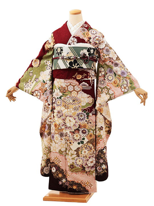 ワインレッドの牡丹と菊の振袖フルセット - 振袖