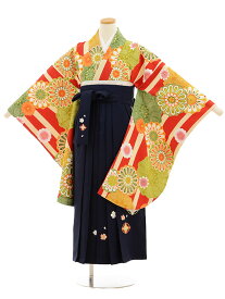 【レンタル】小学生卒業式袴レンタル（女の子）9528 赤クリーム縞菊×紺袴〔袴レンタル 小学校卒業式〕〔卒業式袴セット 小学生〕〔小学校 卒業式〕〔袴セット〕〔往復送料無料〕〔☆新品足袋プレゼント☆〕〔小学生 卒業式 袴 女の子〕