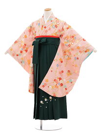 【レンタル】小学生卒業式袴レンタル（女の子）9680ピンク枝に花×グリーン袴〔袴レンタル小学校卒業式〕〔卒業式袴セット小学生〕〔小学校卒業式〕〔袴セット〕〔往復送料無料〕〔☆新品足袋プレゼント☆〕〔小学生卒業式袴女の子〕