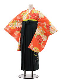 卒業式袴セット 小学生 ジュニア袴 レンタル 小学生 卒業式袴レンタル 女の子 9957 ひいな オレンジ地 ぼたん×グリーン袴 袴レンタル 卒業式 袴セット 卒業袴 小学校の卒業式 十三参り 女児 12歳 12才 ジュニア 新品足袋プレゼント 往復送料無料【レンタル】