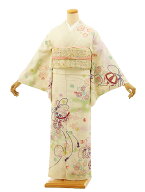 訪問着レンタルtc899 クリーム色桜まり(化繊) 新品足袋プレゼント 訪問着 レンタル　入学式 結婚式 お宮…