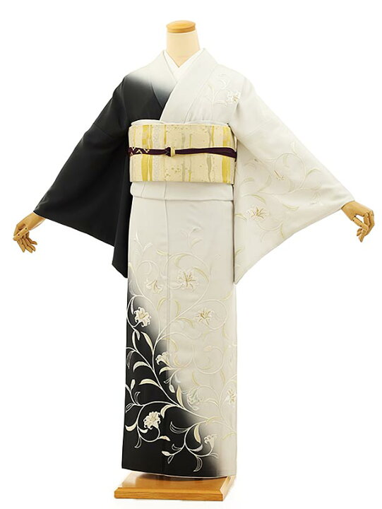 楽天市場】訪問着レンタルt950 薄グレー黒 ぼかし 刺繍唐百合 正絹  
