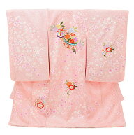 お宮参り 産着 レンタル 高級産着 女の子 1594 ピンクラメ 絞り桜 鞠刺繍 正絹 着物 女児産着レンタル 着…