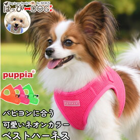 パピヨン ハーネス 犬 小型犬 PUPPIA パピア 正規品 メッシュ ベストハーネス 犬用ハーネス 胴輪 脱げにくい 抜けにくい やわらかい 軽量 おしゃれ かわいい ネオンカラー オレンジ 散歩 子犬 シニア犬 【秋 冬 秋冬 秋服 冬服 秋物 冬物 秋服】