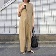 【5月下旬】タフタタックフレンチスリーブオールインワン ノースリーブ ワイドサロペット ジャンプスーツ…