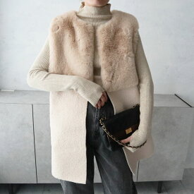 【送料無料】フェイクファー×ボアドッキングジレ ベスト エコファー フェイクファー ファーlook ドッキング 切替デザイン 異素材 秋冬アウター カジュアル 大人カジュアル きれいめ プラスワン アイボリー グレー ブラック