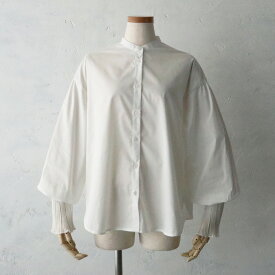 シフォンプリーツ袖バンドカラーブラウス/トップス/シャツ/ブラウス/ボリューム袖/ボリュームスリーブ/バンドカラー/オンオフ/オケージョン/モード/大人女子/ホワイト/ブラック/袖デザイン/袖コンシャス