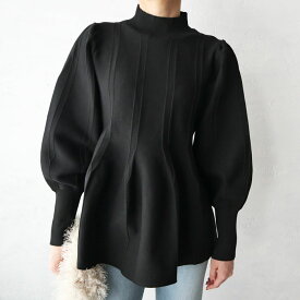 立体ペプラムロングカフスプルオーバー ニット ロングカフス ライン編み デザイン編み 袖コンシャス ペプラム ペプラム チュニック ニット フレアシルエット 立体 大人可愛い くびれ スタイルアップ ハイネック アイボリー レッド ブラック