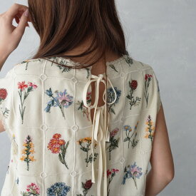 【5月上旬/一部6月上旬】2WAYフラワー刺繍プルオーバー 2WAY バックコンシャス バックリボン 前後OK 花柄 フラワー レイヤード 刺繍 刺しゅう 高見え ロングシーズン アイボリー ブルー ブラック