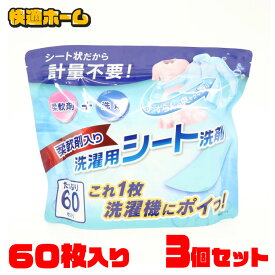日用消耗品 洗剤柔軟剤 衣類用洗剤 【3個セット】柔軟剤入り洗濯用シート洗剤 60枚入り HDL-1965 洗剤 柔軟剤 ランドリー 洗濯物 抗菌 洗浄力 衣類 服 香り 衣類