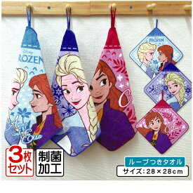 【エントリーで最大P6倍 11日1:59迄】ディズニー アナと雪の女王 ループタオル 3枚セット 28×28cm 綿100% ネームタグ付き 抗菌防臭加工 キャラクター プリンセス アナ エルサ 保育園 幼稚園 ループ付きタオル 女の子 ハンカチ ハンドタオル [rt3]【メール便OK】