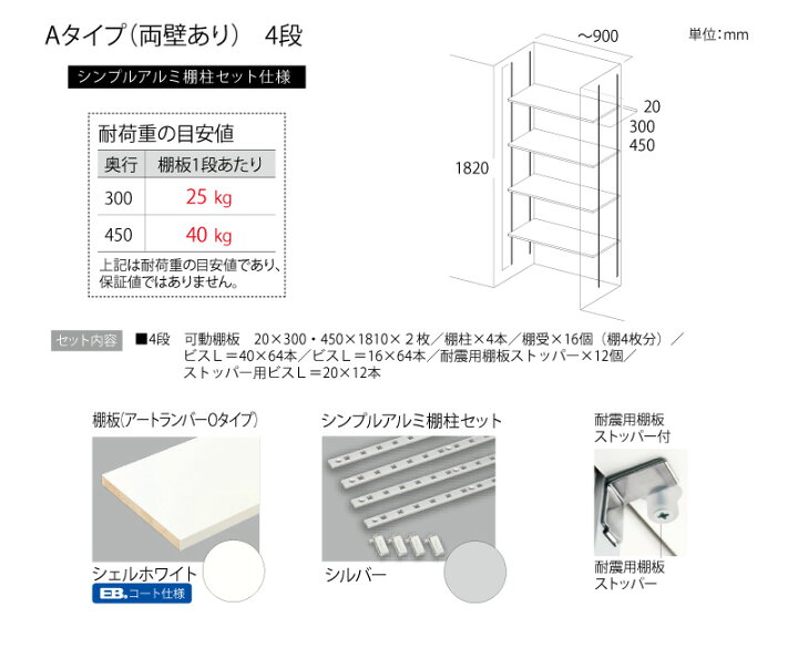 楽天市場】可動棚板セット 4段 シェルホワイト (棚柱1820mm×奥行300  
