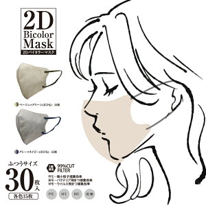 2Dバイカラーマスク 30枚入 (各2色15枚入) 内側カラー 不織布マスク 口元空間 立体構造 3層構造 平ゴム ベージュ×グリーン(耳ひも) グレー×ネイビー(耳ひも) ヒロコーポレーション バイカラー