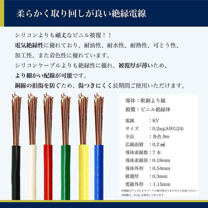 楽天市場】電線6色セット KV 黒,白,赤,緑,黄,青 100Vケーブル 銅線 
