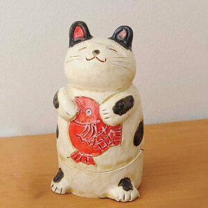 陶器 手造り 香炉 香立て/ 鯛持ち白猫 香炉(中) /置物 インテリア プレゼント 贈り物