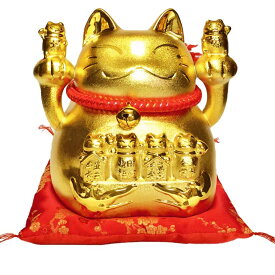 招き猫 置物 金色 ゴールド 縁起物 豪華/ 金運両手招き猫（鈴・赤座布団） /インテリア 開運 招福 プレゼント 贈り物