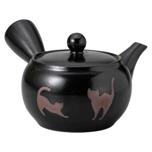 常滑焼 急須 ティーポット/ 黒釉新丸小ネコ柄帯網 /業務用 集会所 公民館 町内会 お寺 神社