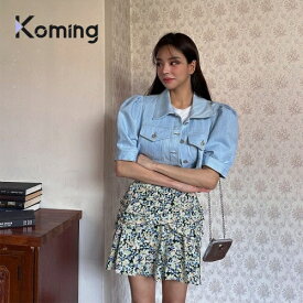 ロイパフクロップジャケット-jk【LAGIRL】【Koming】 韓国ファッション レディースファッション クロップジャケット パフデザイン フェミニンなムード 上半身カバー ゆったりとしたフィット感 デニム素材 母の日