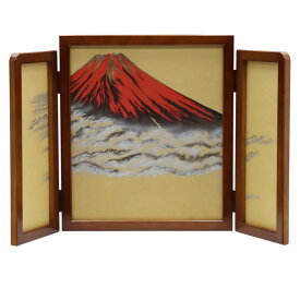 アウトレット品 屏風単品 三曲屏風 40cm 黄土色 赤富士 レトロ アートスタンド 幅60cm (26a-ya-0887) インテリア ディスプレイ 見切処分品