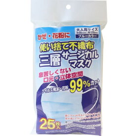 在庫限り半額特価！使い捨て不織布 三層サージカルマスク ブルー 大人用サイズ 25枚入【マスク】【iiもの本舗】