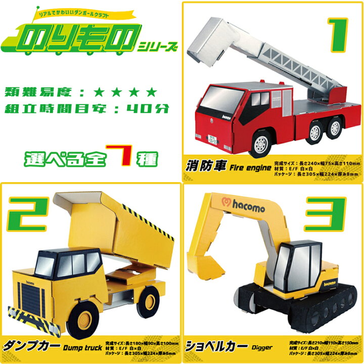 楽天市場 Hacomo ペーパークラフト のりもの 消防車 ダンプカー ショベルカー 働く車 飛行機 海賊船 かっこいい ロケット 宇宙 ゴミ収集車 工作 キット 知育玩具 立体 パズル モノづくり 一緒に ダンボール 図工 ハコモ 3456 低糖質 糖質制限の快適空間２２２