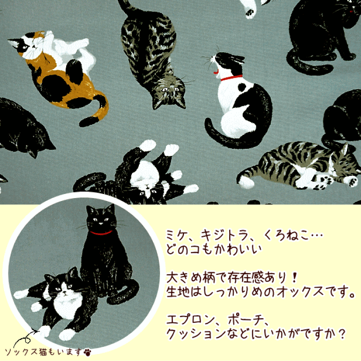 楽天市場】オックス 生地 大きめ柄 黒猫 三毛猫 キジトラ猫 綿
