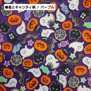 ラミネート生地 ハロウィン 星とキャンディ 総柄 小柄 おばけ パンプキン トリックオアトリート ジャックオーランタン モンスター 手芸 蜘蛛の巣 黒猫 お菓子 かぼちゃ コウモリ Halloween ハ