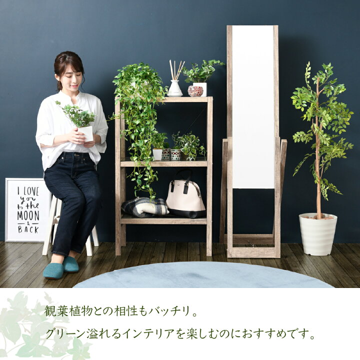 楽天市場 グリーンインテリア スタンドミラー 姿見 ガラス インテリア 幅100 グリーン 観葉植物 シャビー 多肉植物 棚 ラック おしゃれ シンプル 一人暮らし 木製 古材 送料無料 ケイスリーファニチャー楽天市場店