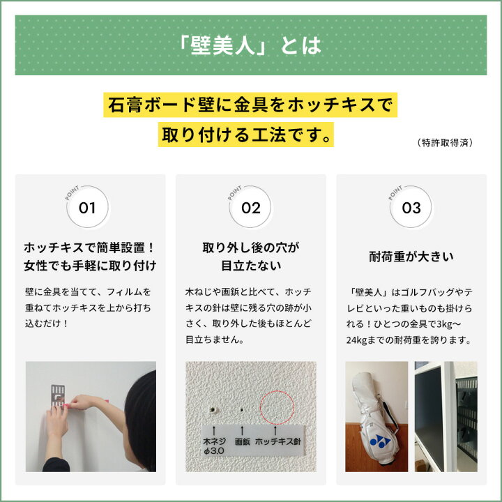 楽天市場】壁美人 石膏ボード用固定金具 フックLタイプ（3個 