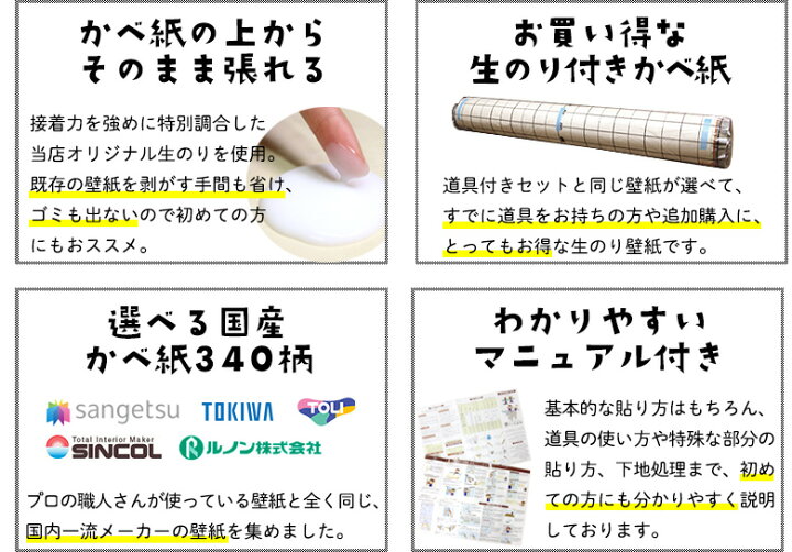 楽天市場 壁紙 のり付き のり付き壁紙 ｍパック 選べる340柄 のり付き壁紙 ｍ 壁紙張り方マニュアル付き Diyリフォームのお店 かべがみ道場