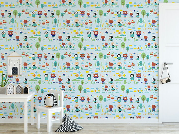 楽天市場 1m単位 切り売り 壁紙 のり付き おしゃれ 動物 かわいい ブルー 水色 部屋 子供部屋 国産 日本製 アクセントクロス かべがみはるこ キッズ シール ではありません Ksn かべがみはるこの壁紙工場