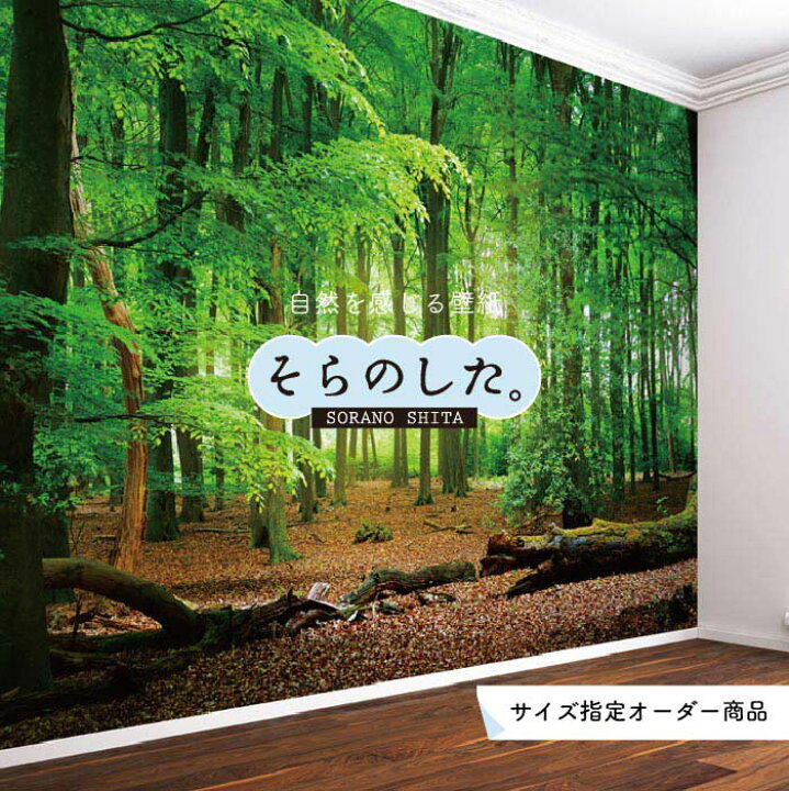 楽天市場 オーダー壁紙 壁紙 森林 写真 おしゃれ 自然 癒し 貼りやすい デザイン 防カビ 日本製 国産 リメイク 模様替え 店舗 天井 部屋 寝室 キッチン リビング トイレ 風景 景色 グリーン かべがみはるこ そらのした Ss0077 かべがみはるこの壁紙工場