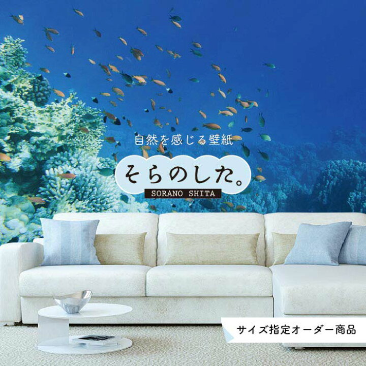 楽天市場 オーダー壁紙 壁紙 海の中 水中 ダイビング サンゴ 熱帯魚 サンゴ礁 写真 おしゃれ 自然 幻想的 貼りやすい デザイン 防カビ 日本製 国産 リメイク 模様替え 店舗 天井 部屋 寝室 キッチン リビング トイレ 風景 景色 ブルー かべがみはるこ そらのした