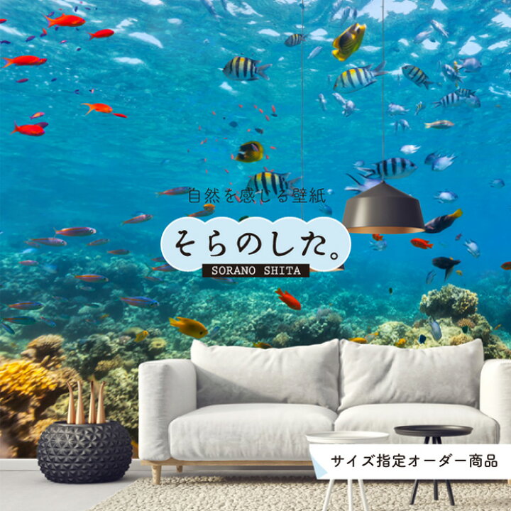 楽天市場 オーダー壁紙 壁紙 海の中 水中 ダイビング サンゴ 熱帯魚 サンゴ礁 写真 おしゃれ 自然 幻想的 貼りやすい デザイン 防カビ 日本製 国産 リメイク 模様替え 店舗 天井 部屋 寝室 キッチン リビング トイレ 風景 景色 ブルー かべがみはるこ そらのした