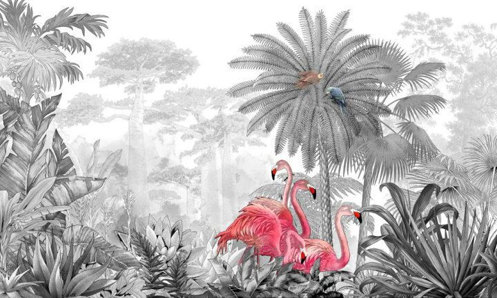 楽天市場 ジャングル 森 イラスト フラミンゴ 鳥 モノトーンの壁紙 輸入 カスタム壁紙 Photowall Tropical Flamingos 163 貼ってはがせるフリース壁紙 不織布 海外取り寄せのため1カ月程度でお届け 代引き 後払い不可 壁紙屋本舗 カベガミヤホンポ