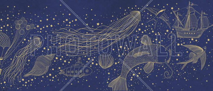 楽天市場 船 魚 クラゲ 潜水艦 貝 星 イラスト ファンタジー キッズ 子ども 紺 ネイビーの壁紙 輸入 カスタム壁紙 Photowall Ocean Meets Sky Hardcase 038 貼ってはがせるフリース壁紙 不織布 海外取り寄せのため1カ月程度でお届け 代引き 後払い不可