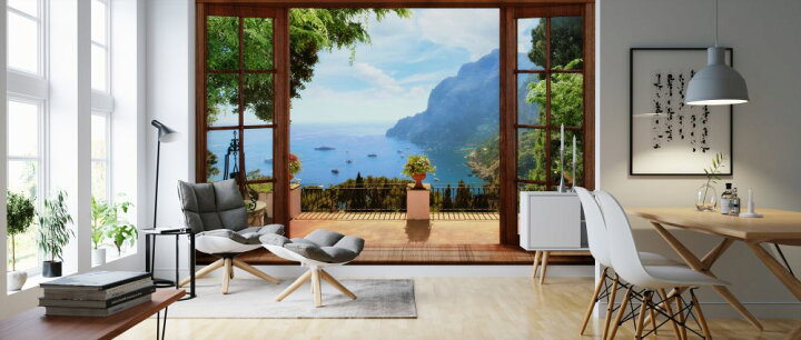 楽天市場 窓 海 景色 フェイク 3dの壁紙 輸入 カスタム壁紙 Photowall Terrace View 貼ってはがせるフリース壁紙 不織布 海外取り寄せのため1カ月程度でお届け 代引き 後払い不可 壁紙屋本舗 カベガミヤホンポ